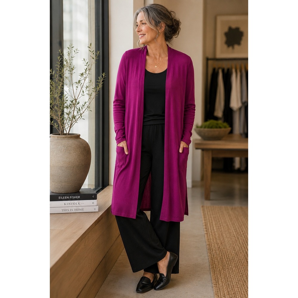 Eileen Fisher Merino Wool Long Cardigan XXS Magenta Pink Open Front